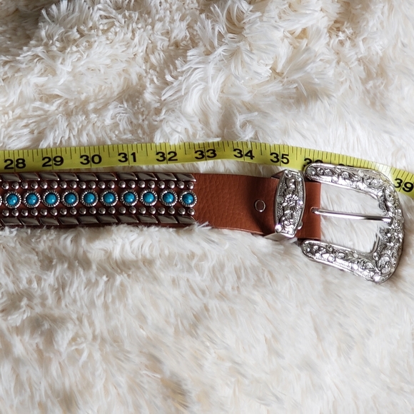 HP?Western genuine italian leather w studded turquoise color stones& buckle